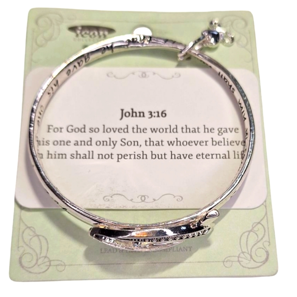 John 3:16 Inspirational Silver Tone Bangle Bracelet with Black Accents NWT - Picture 5 of 7